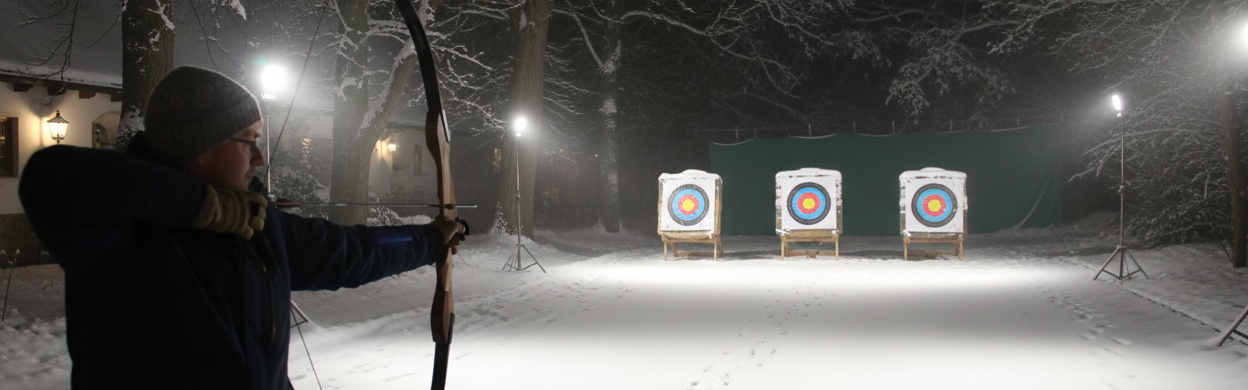 Person beim Zielen bei einem Nachtbogenschießen Teamevent bei einer Weihnachtsfeier im Schnee.