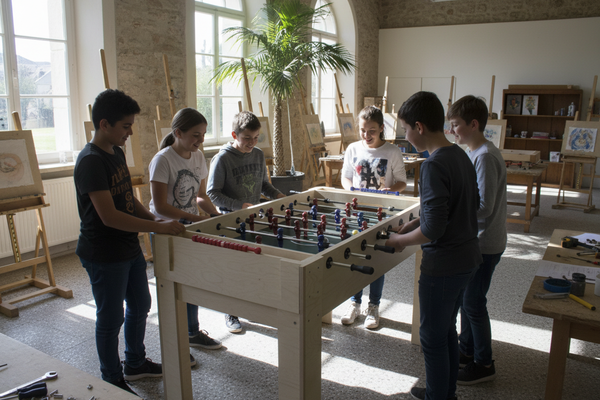 Glückliche Kinder an einem Tischkicker von einem Tischkickerbau Teamevent mit bo events.