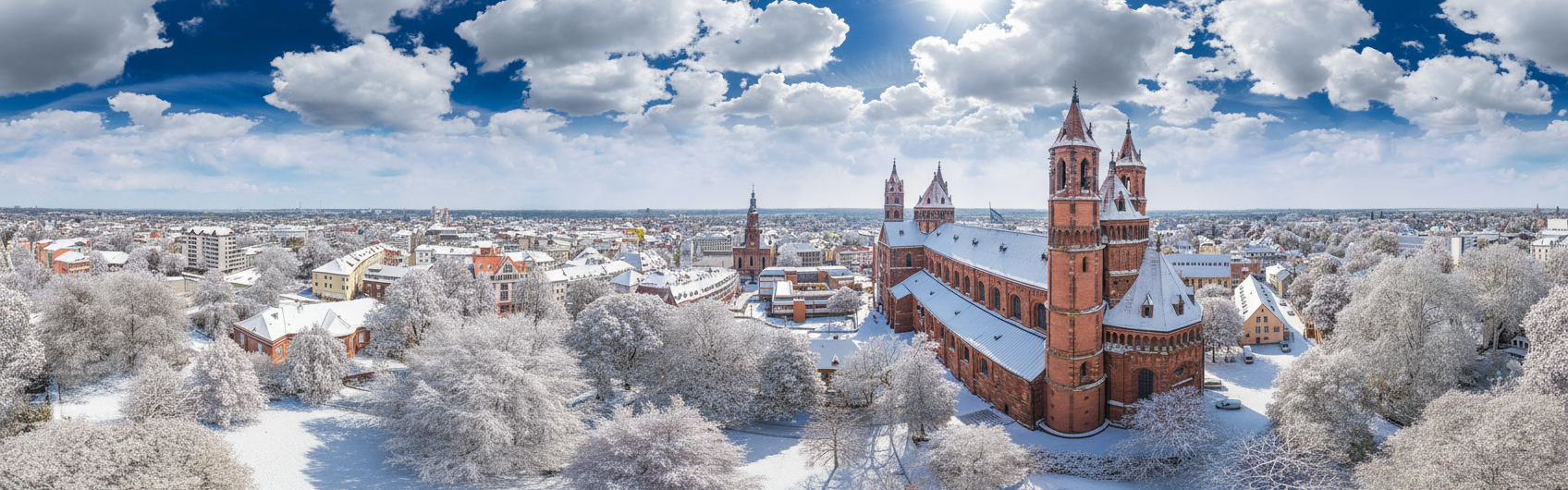 Das schneebedeckte Worms rund um den Dom.