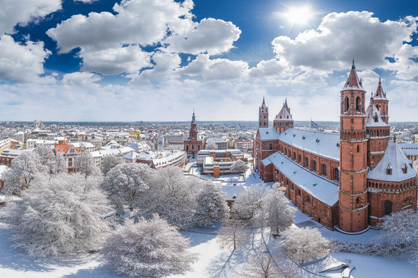 Das schneebedeckte Worms rund um den Dom.
