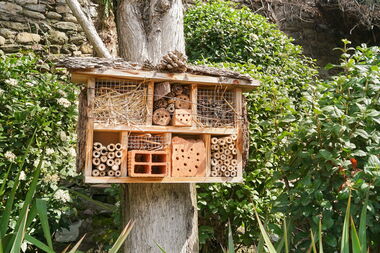Ein fertiges Insektenhotel am Baum.