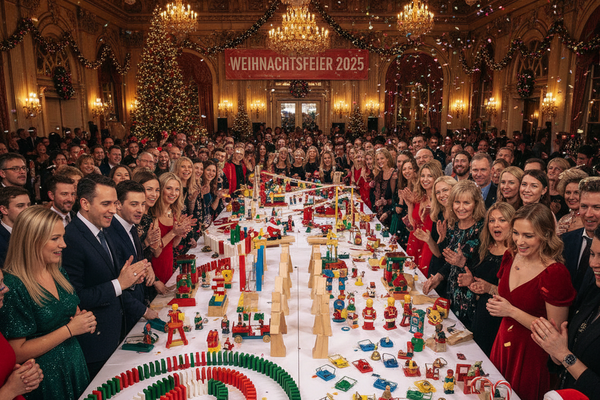 Begeisterte Menschen bei Firmen-Weihnachtsfeier mit X-Mas Dominoeffekt von bo events.