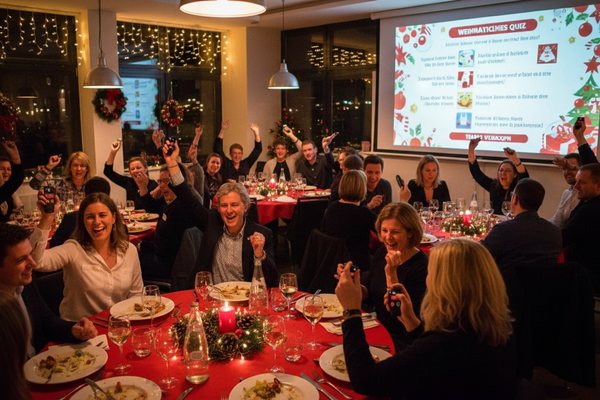 Jubelnde Teilnehmende während eines Teamevents Team-Quiz bei einer Weihnachtsfeier – mit bo events