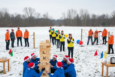 Teilnehmende bei Stationsarbeit mit versch. Teambuilding Challenges für eine Weihnachtsfeier oder Firmenfeier.