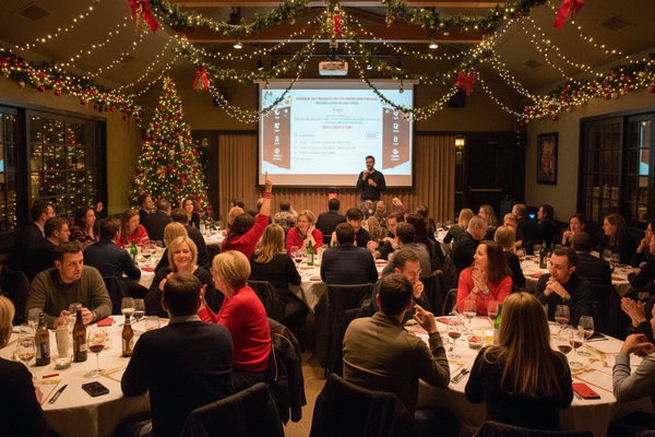 Gruppen beim Teamevent Team-Quiz während einer Weihnachtsfeier – organisiert von bo events