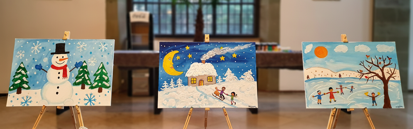 Fertige Kunstwerke nach einem Winter Team Art Event mit bo events in Wiesbaden.